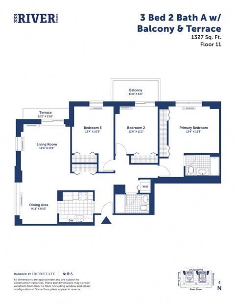 Floor plan for 3 beds, 2 baths, 1327 sqft